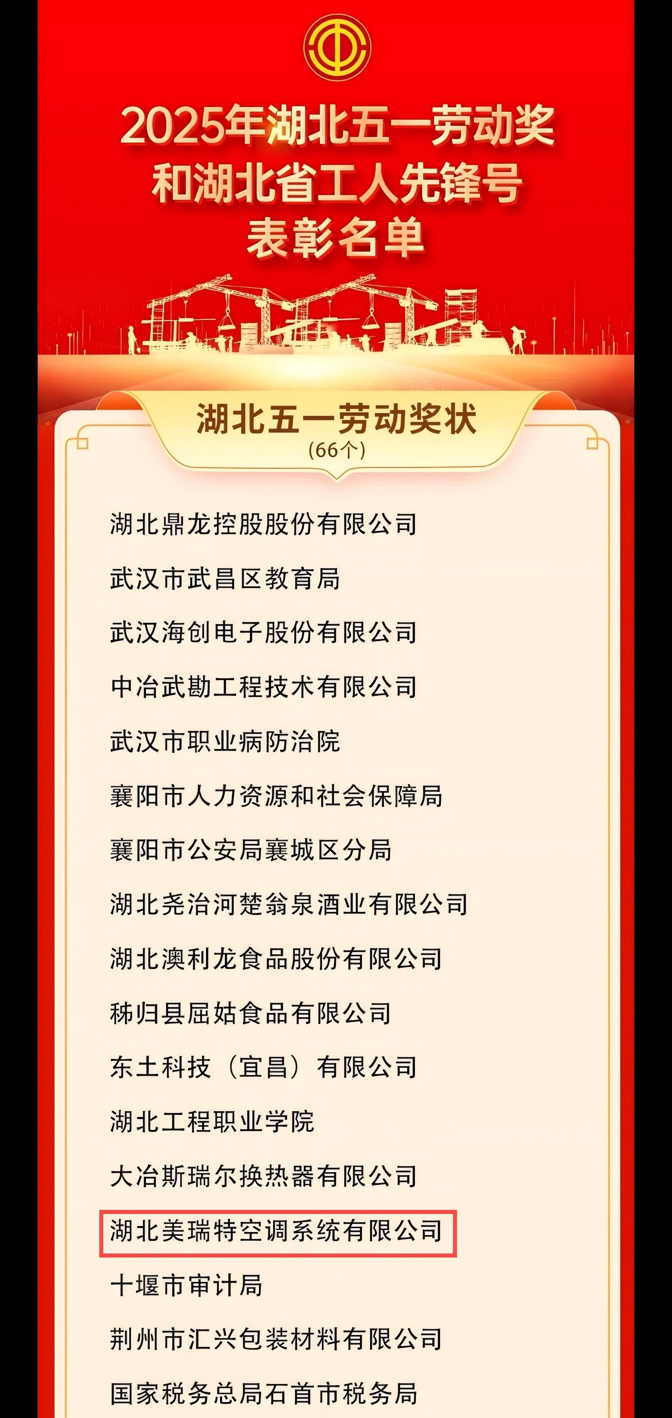 美瑞特公司荣获“湖北五一劳动奖状”